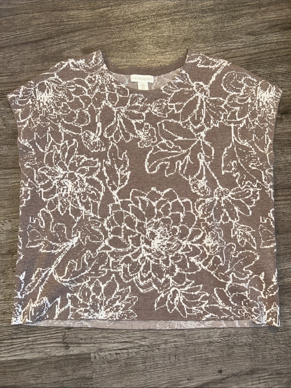 Cynthia Rowley Floral Knit Sweater Tank Top XL Taupe Cream Cap Sleeve - Picture 2 of 7